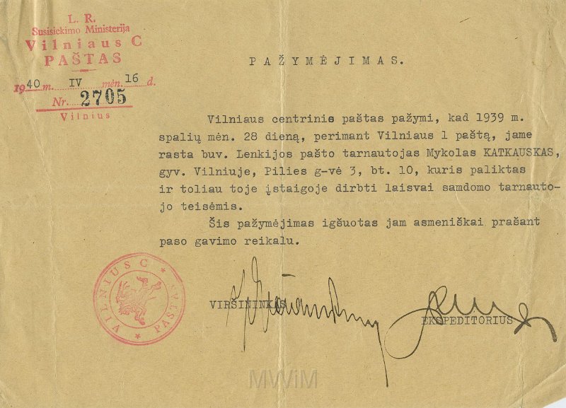 KKE 5526.jpg - (litewski) Dok. Świadectwo przyznania paszportu dla Michała Katkowskiego, Nr. 2705, Wilno, 16 IV 1940 r.